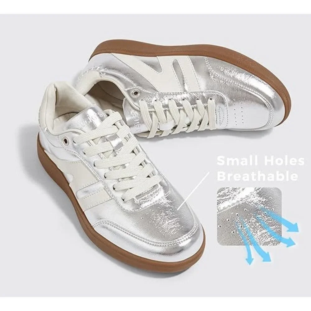 New Lucky Step Womens 8 Silver Lace Up Classic Retro Gum Sole Fashion Sneakers